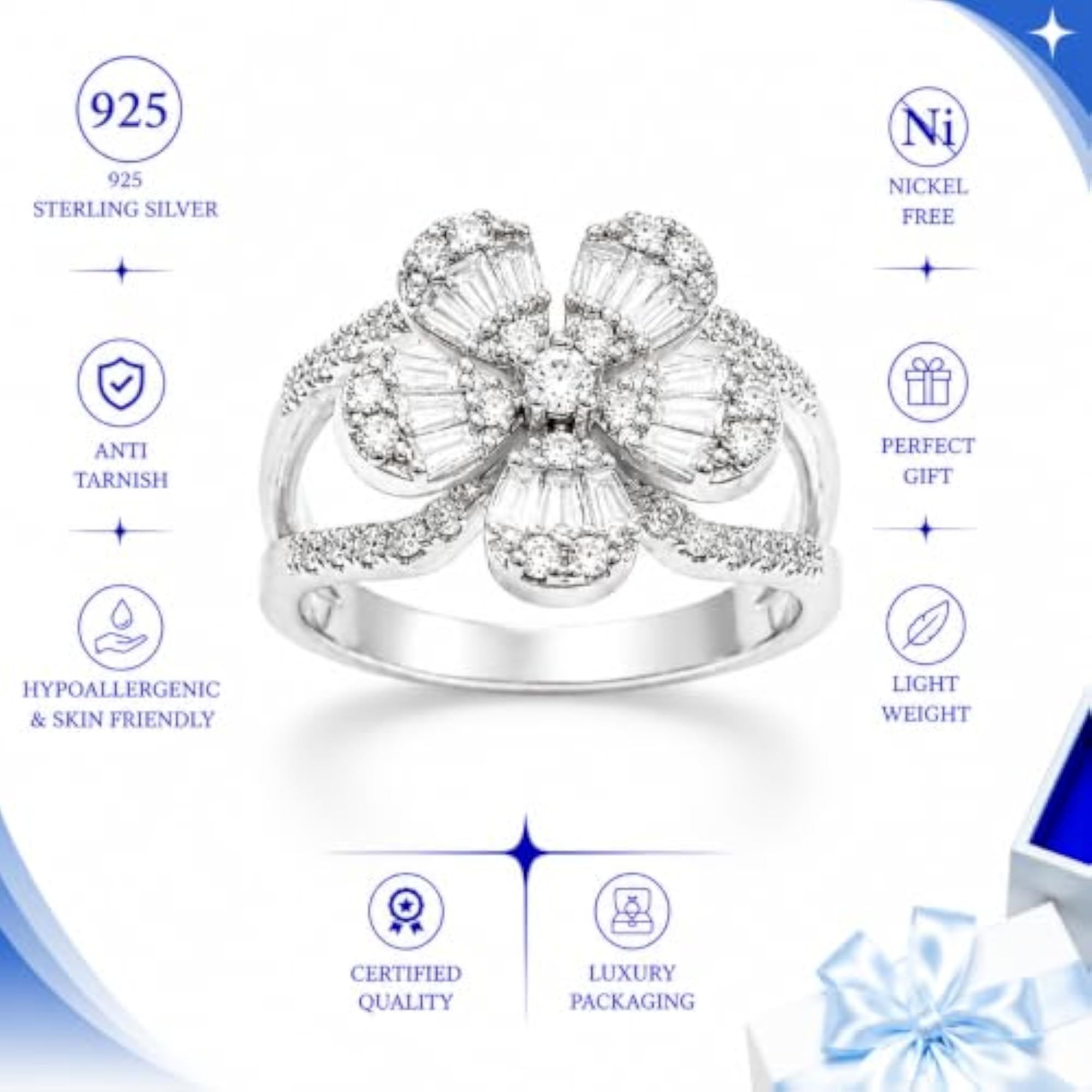 Women's Luxury Floral Statement Ring, 925 Sterling Silver
